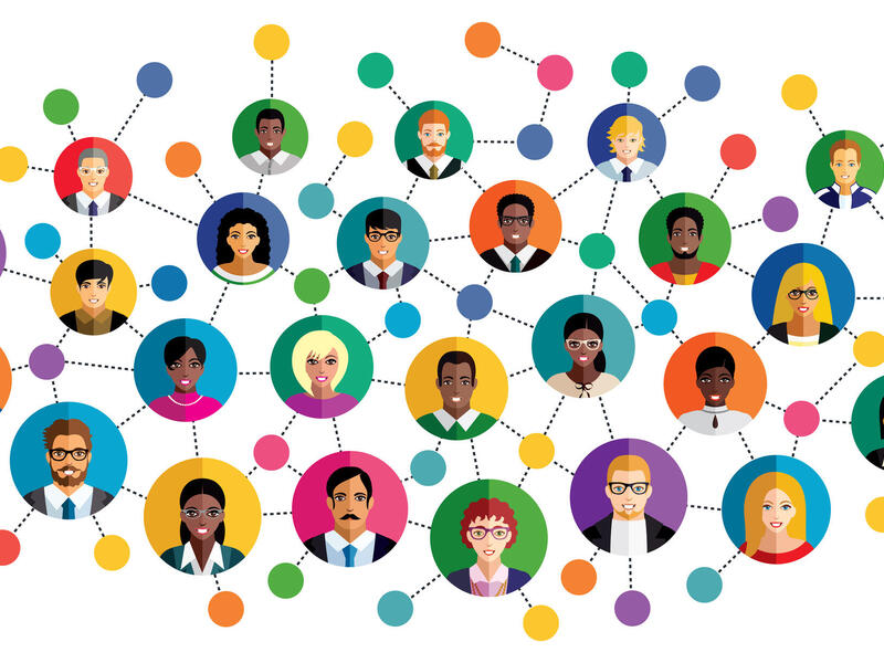 An illustration of people's portaits in different colored circles. All of the cirlces are connected by black dotted lines. 