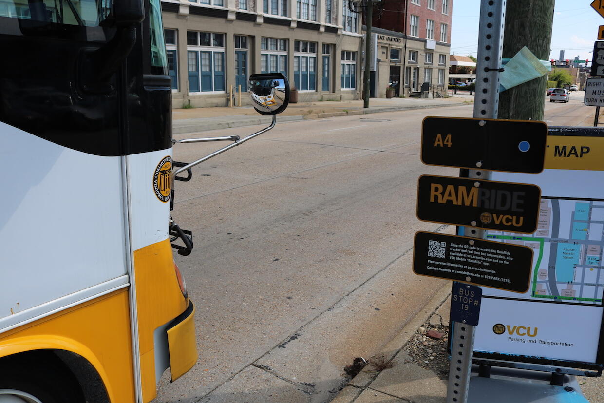 A VCU RamRide bus at a RamRide bus stop.