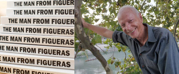 A photo of a pile of books next to a photo of a man. The pile of books shows the book spine of each book. They are all white and have black text that reads \"THE MAN FROM FIGUERAS.\" 