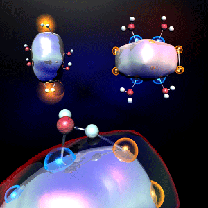 Aluminum clusters reacting with water to produce H2. The bottom image shows a water molecule splitting on the surface of an Al17- cluster, the upper right image shows role of active sites on binding water, and the upper left image shows the release of H2. The orange and blue spheres indicate the paired active sites which cause reactivity. Image courtesy of A.C. Reber, VCU/PSU.