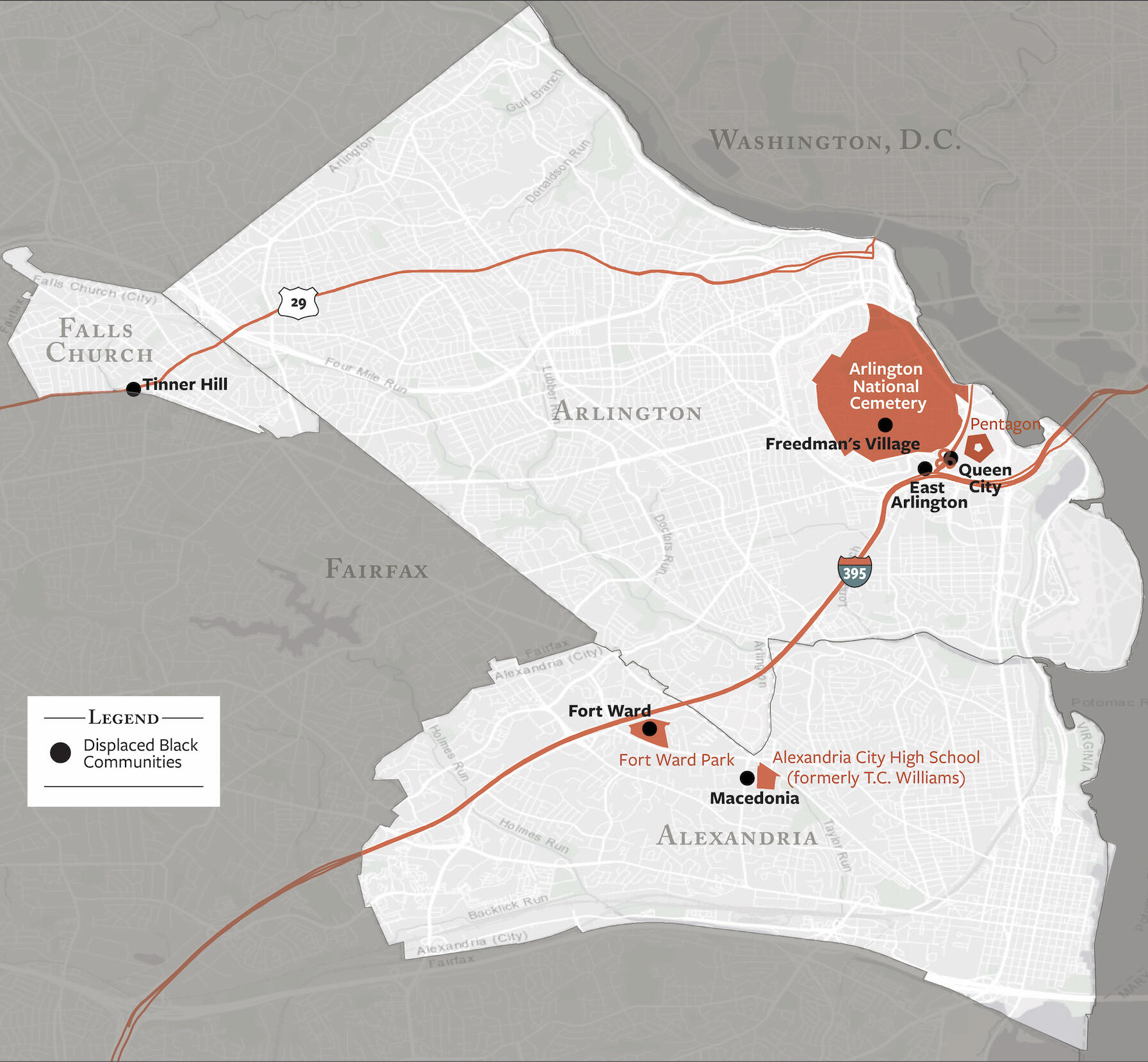 Map showing displaced Black communities in Northern Virginia: Displaced Black communities in Northern Virginia included those living in Tinner Hill, who were displaced when Lee Highway was routed through Falls Church, and Queen City, which was razed in 1942 to build roads leading to the Pentagon.