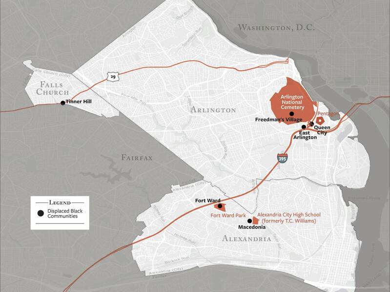 Map showing displaced Black communities in Northern Virginia: Displaced Black communities in Northern Virginia included those living in Tinner Hill, who were displaced when Lee Highway was routed through Falls Church, and Queen City, which was razed in 1942 to build roads leading to the Pentagon.