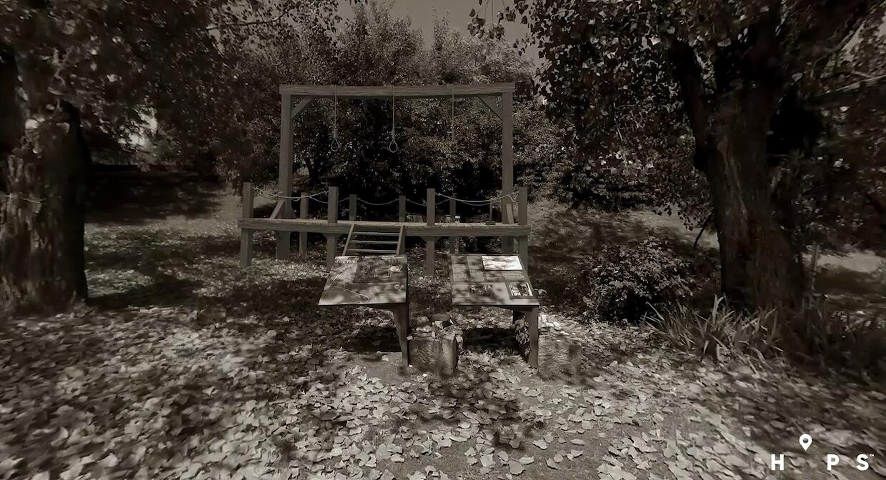 black and white image of the site of Gabriel’s execution in Richmond, with an archival sketch of the gallows superimposed over the modern-day photo