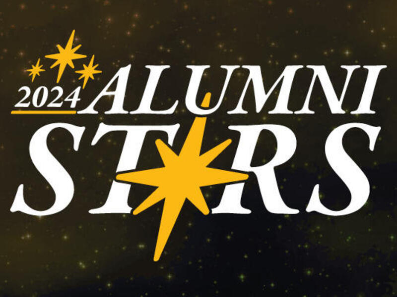 White text reads \"2023 ALUMNI STARS\" with yellow sparkels around. 