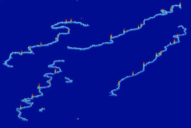 An atomic force microscopy image of barcoded DNA molecules, rendered in 3D.
