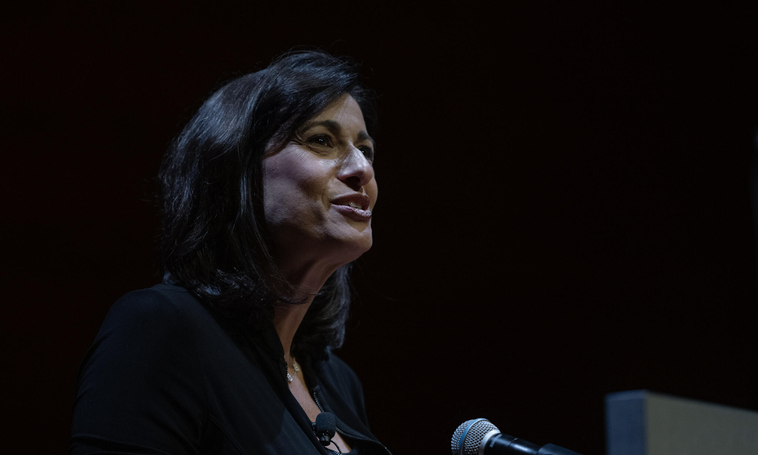 A photo of a woman speaking with a microphone in front of her