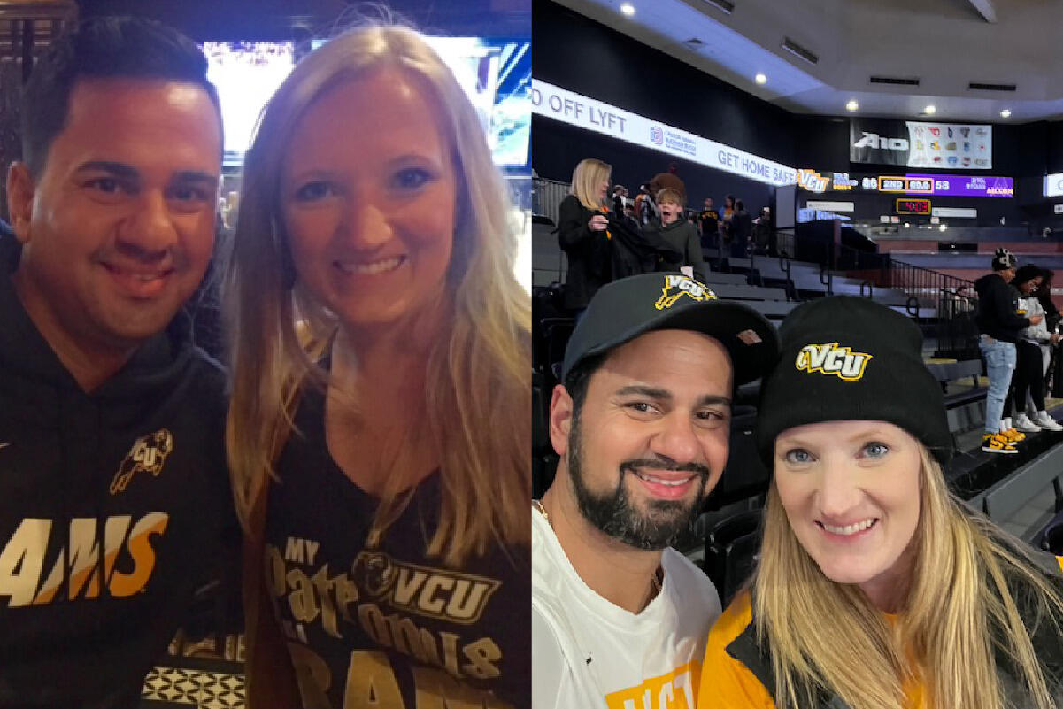 Two photos of a couple side by side. 