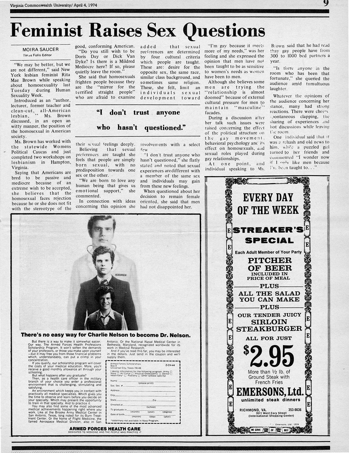 “Feminist Raises Sex Questions”
<br>The Commonwealth Times, April 4, 1974
<br>Source: VCU Libraries' Commonwealth Times Digital Collection
