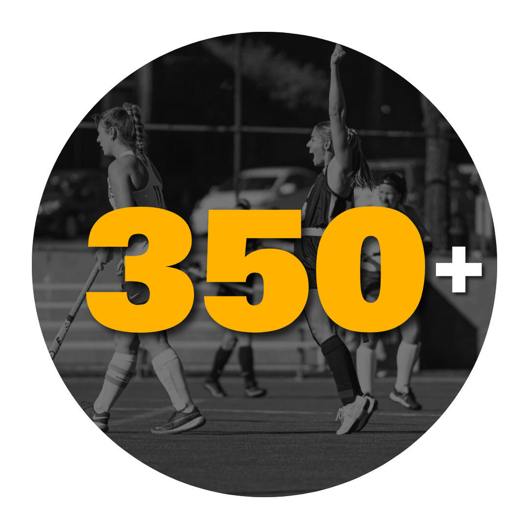 Number that says 350 overlaying photo of field hockey players.