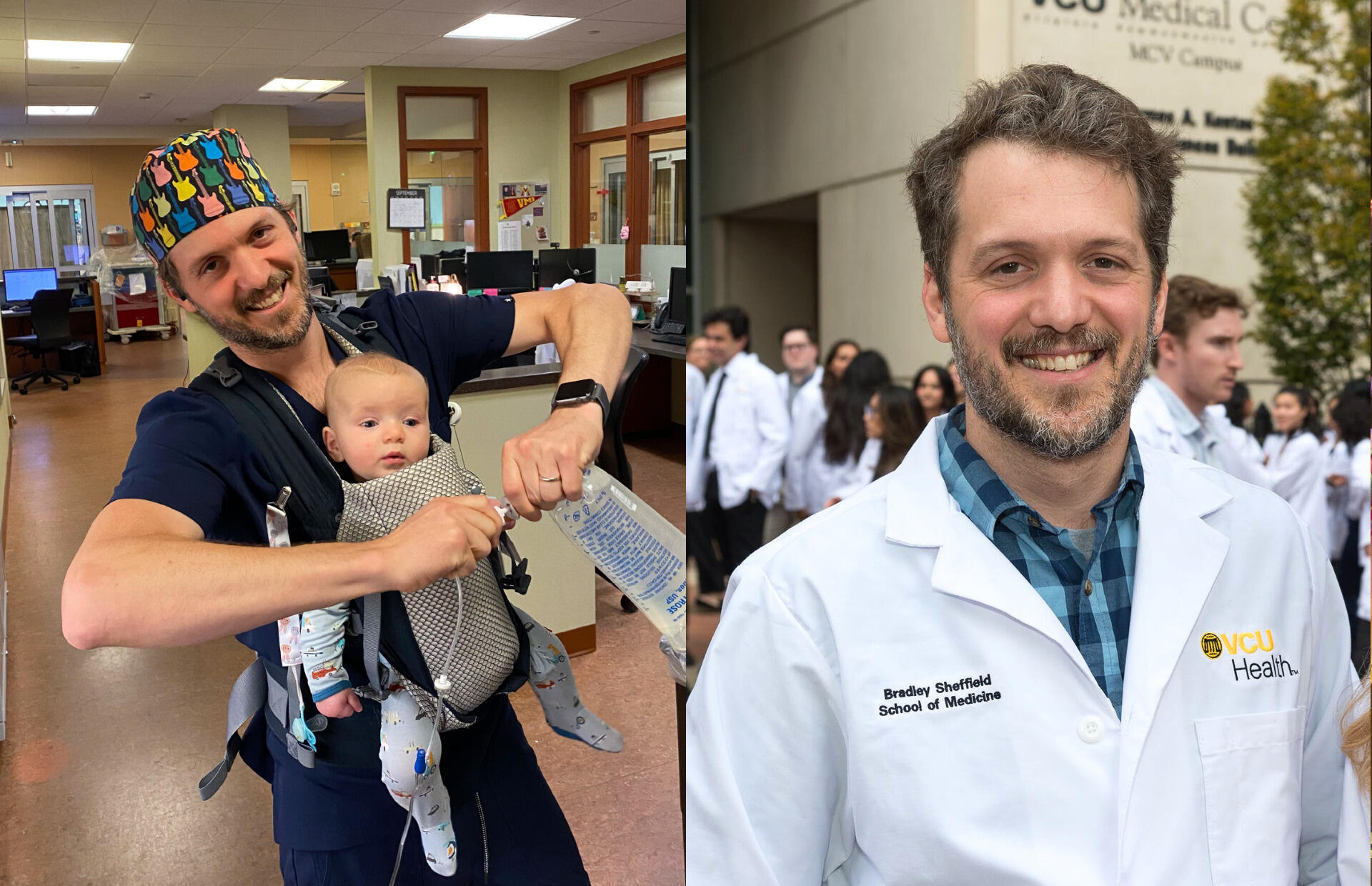 Two photos of a man side by side. On the left he is wearing medical scrubs and has a baby strapped to his chest. On the right he is wearing a white medical coat. 