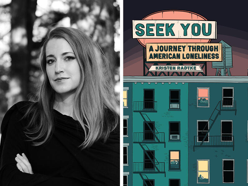 A portarit of a woman next to a book cover