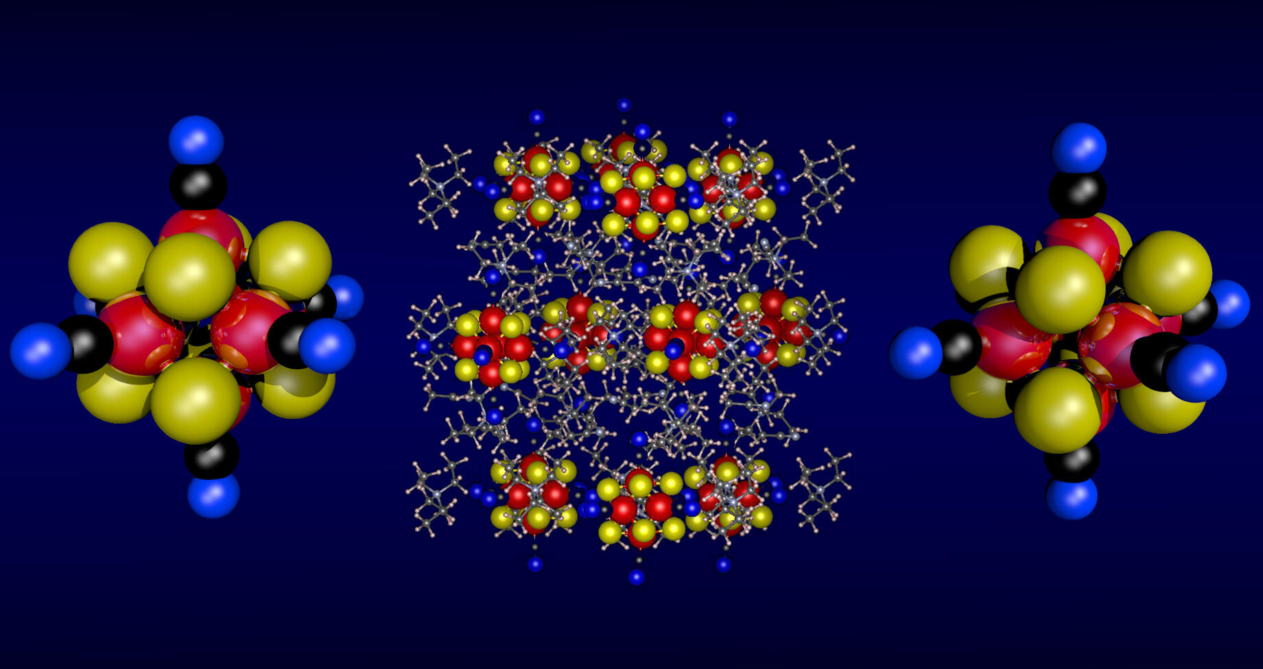 A picture of red, yellow, and blue dots making up an illustration of superatom clusters. 