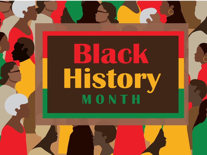 An illustration of a crowd of Black people facing different directions with a box on top of them that says \"Black History MONTH\" 