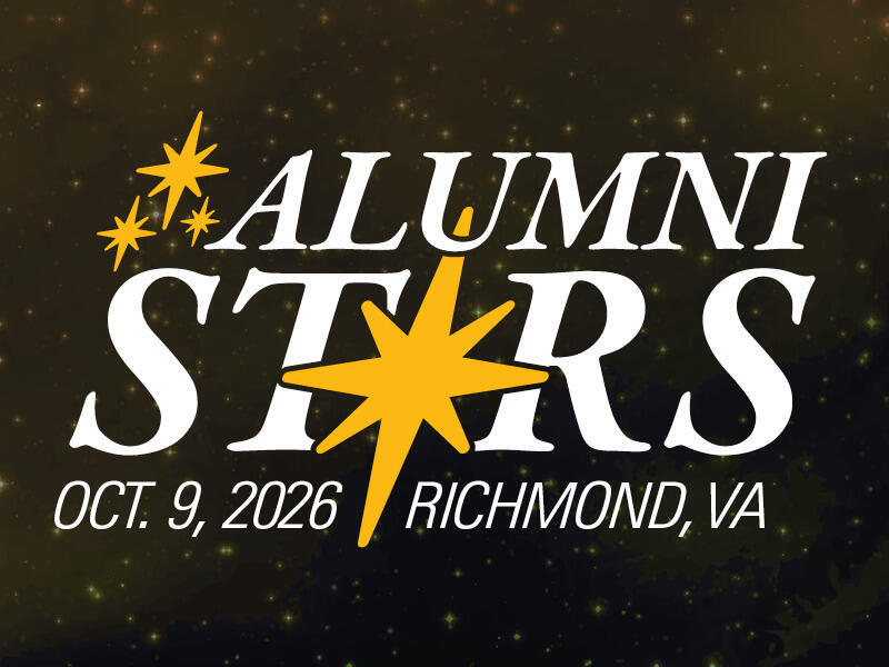 A black stary sky with white text over it that reads \"AULMNI STARS\" \"OCT. 9, 2026\" \"RICHMOND, VA\"