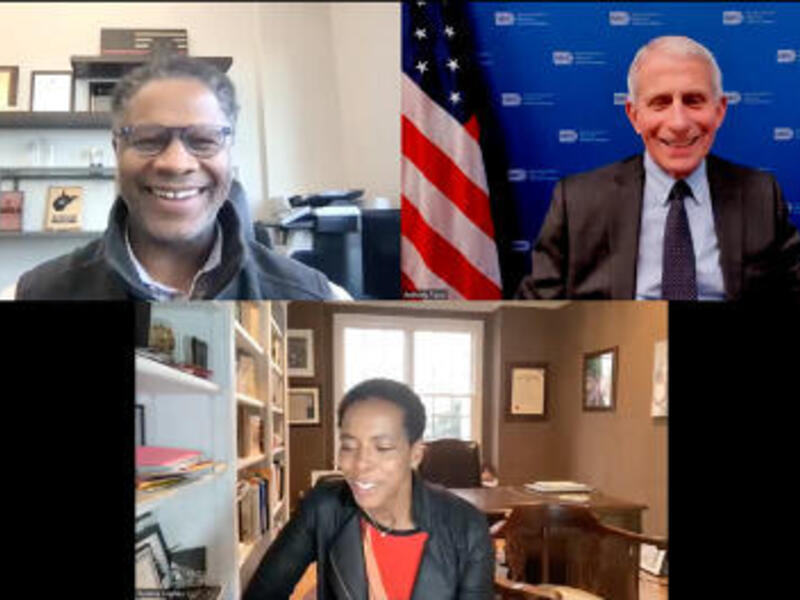 A video conferencing screen shows three people.