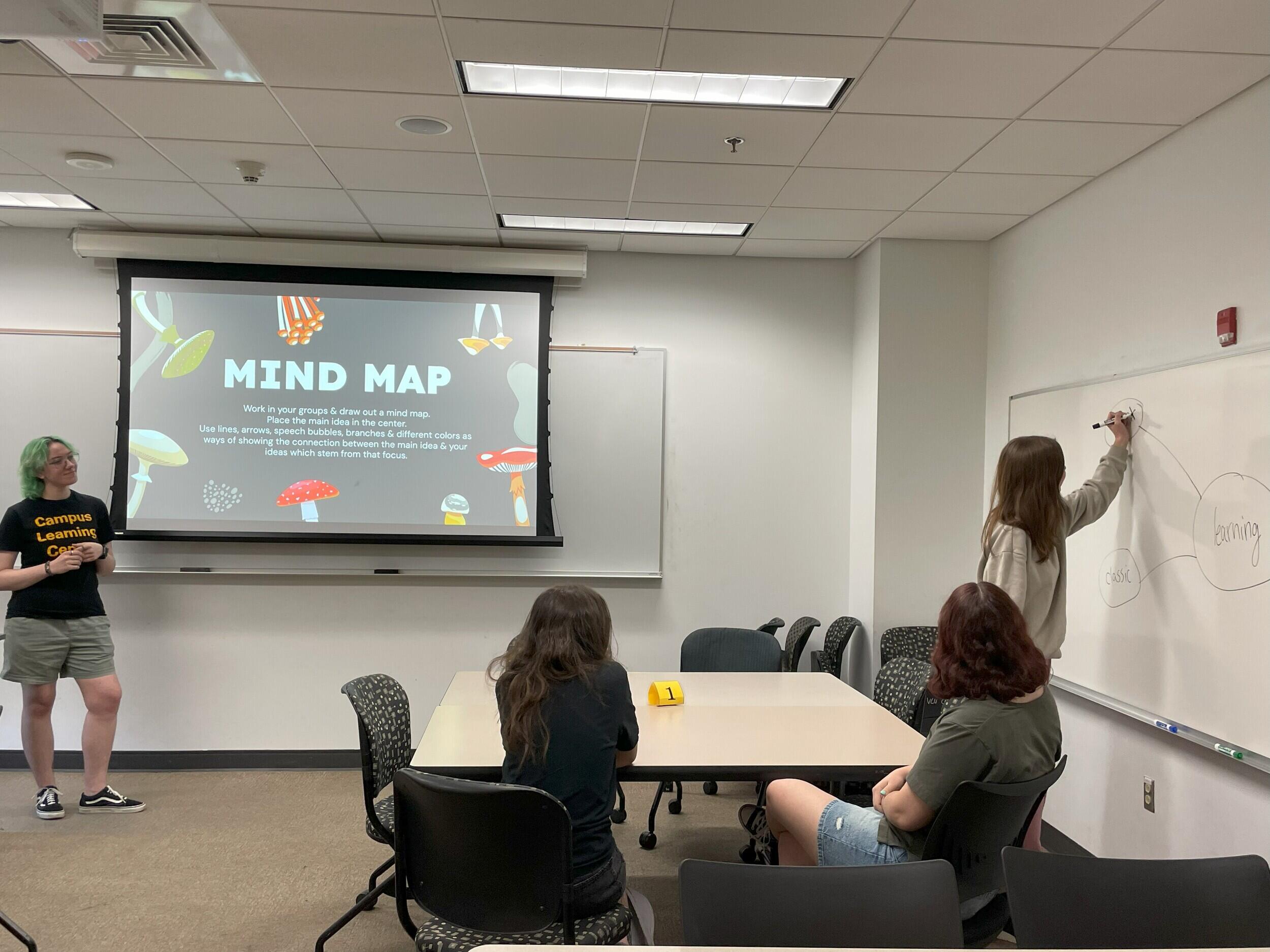 A student writes on a white board while other students watch.