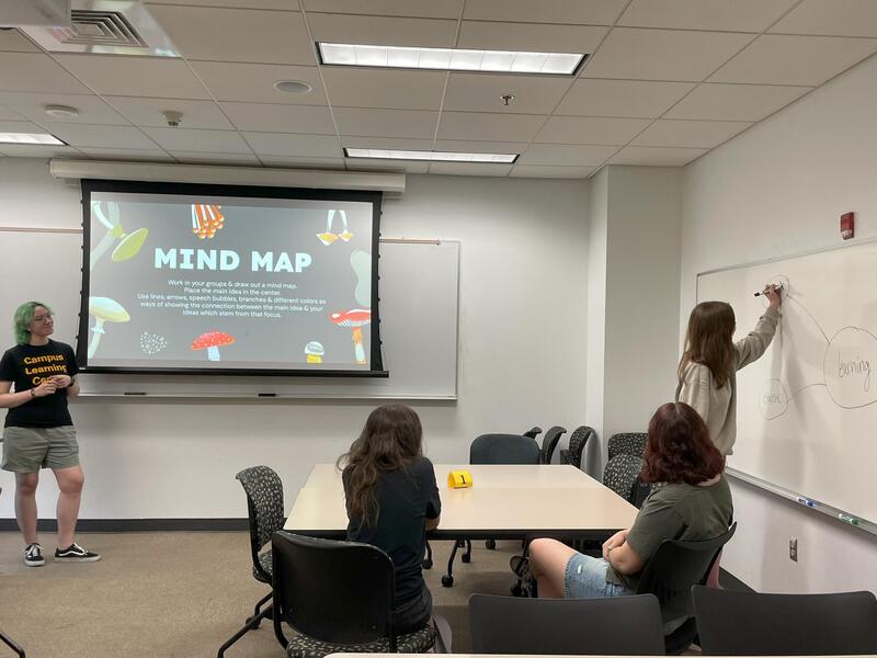 A student writes on a white board while other students watch.