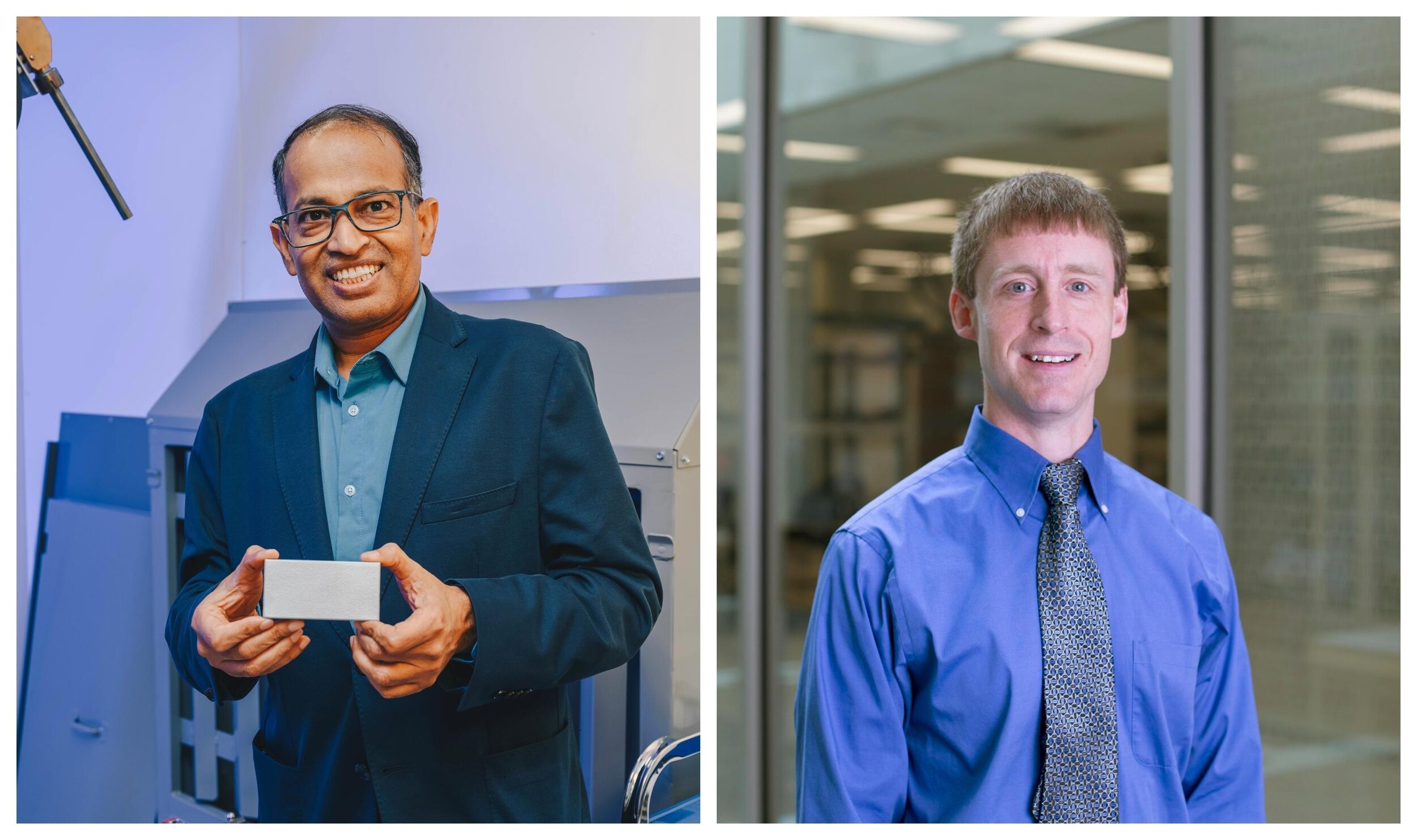 Two photos of men from the waist up. 