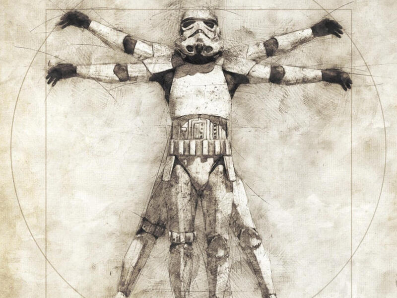 A Stormtrooper with four arms and four legs in a circle and rectangle like Leonardo Da Vinci's \"Vitruvian Man.\"