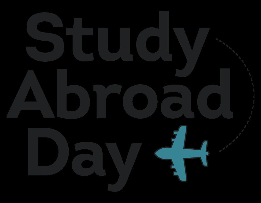 Black text reads \"Study Abroad Day\" with an illustration of an airplane next to it. 