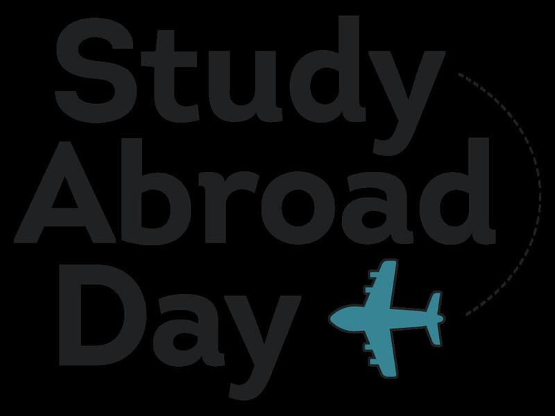 Black text reads \"Study Abroad Day\" with an illustration of an airplane next to it. 