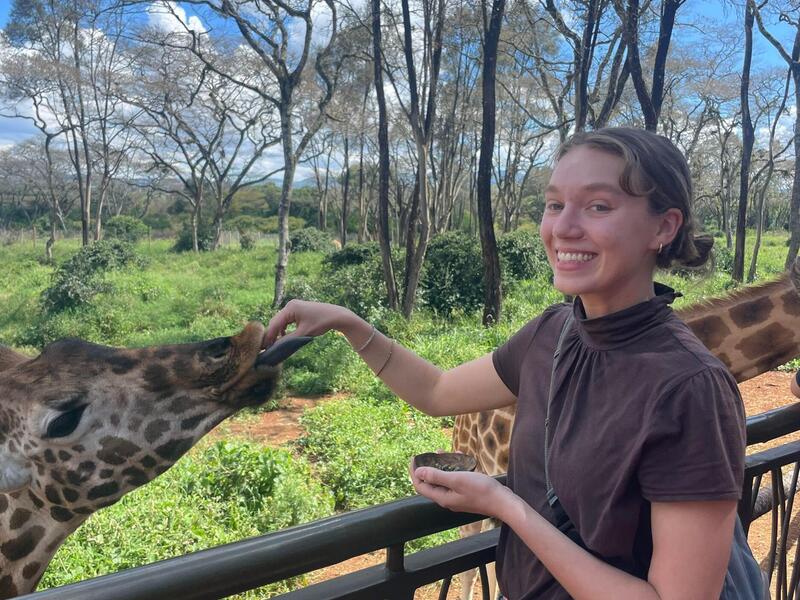 A photo of a woman feeding a giraffe