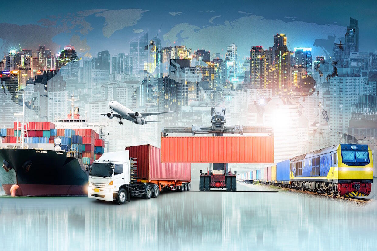 Photo collage of a map of the Earth, buildings in a city, and various forms of transportation including a train, an airplane, cargo boats, and more.