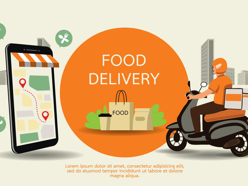 An illustration of a man on a moped next to a circle that says \"FOOD DELIVERY\" inside of it. To the far left is an illustration of a smart phone with a map on it. 