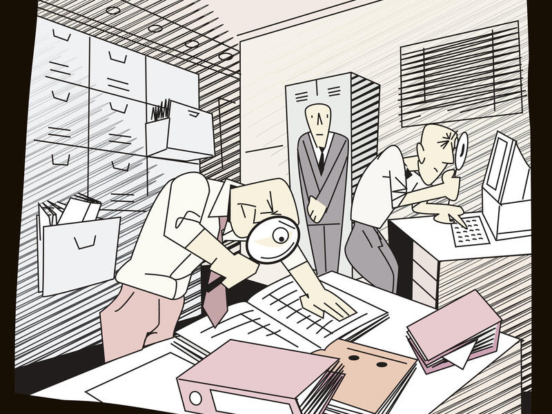 An illustration of two men with magnifying glasses examining a book and computer screen. Another man wearing a suit stands against the wall with his hands in front of him. 