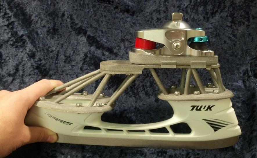 A prosthetic hockey skate. To help amputees return to pre-injury activities, 3-D MAC also makes custom prosthetic attachments. (Walter Reed National Military Medical Center)