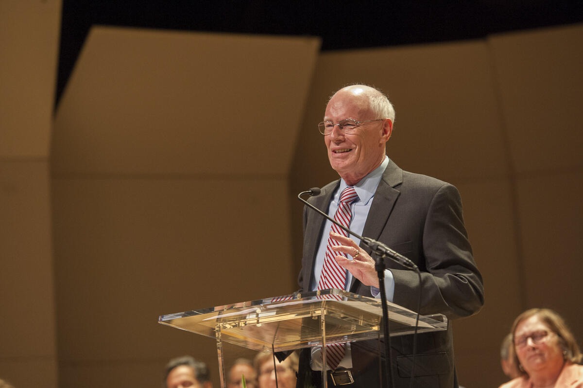 Paul Wehman, Ph.D., accepts the Distinguished Scholarship Award. (Photo by Tom Kojcsich, University Relations)