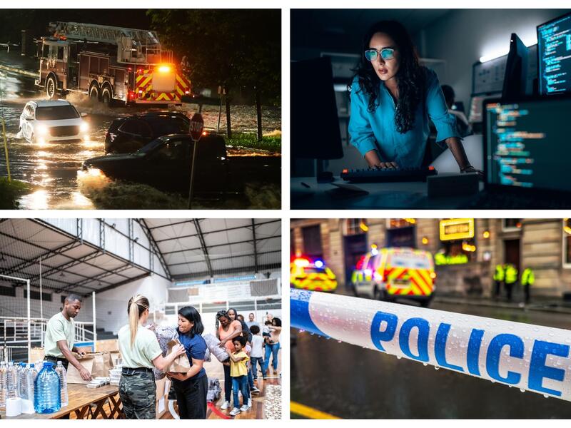 Four photos in a collage. In the upper left is a photo of a flooded road with two SUVs in the water. Next to the water is a red firetruck. On the upper right is a photo ofa woman in a room full of computer screens. She is looking at the one directly in front of her. On the bottom left is a photo of a line of people recieving aid from two people handing out bags and water. On the bottom right is a photo of poice tape in front of a crime scene.