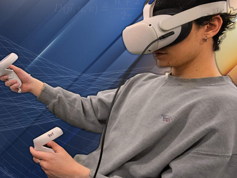 A person wearing VR headset and holding two handheld devices.