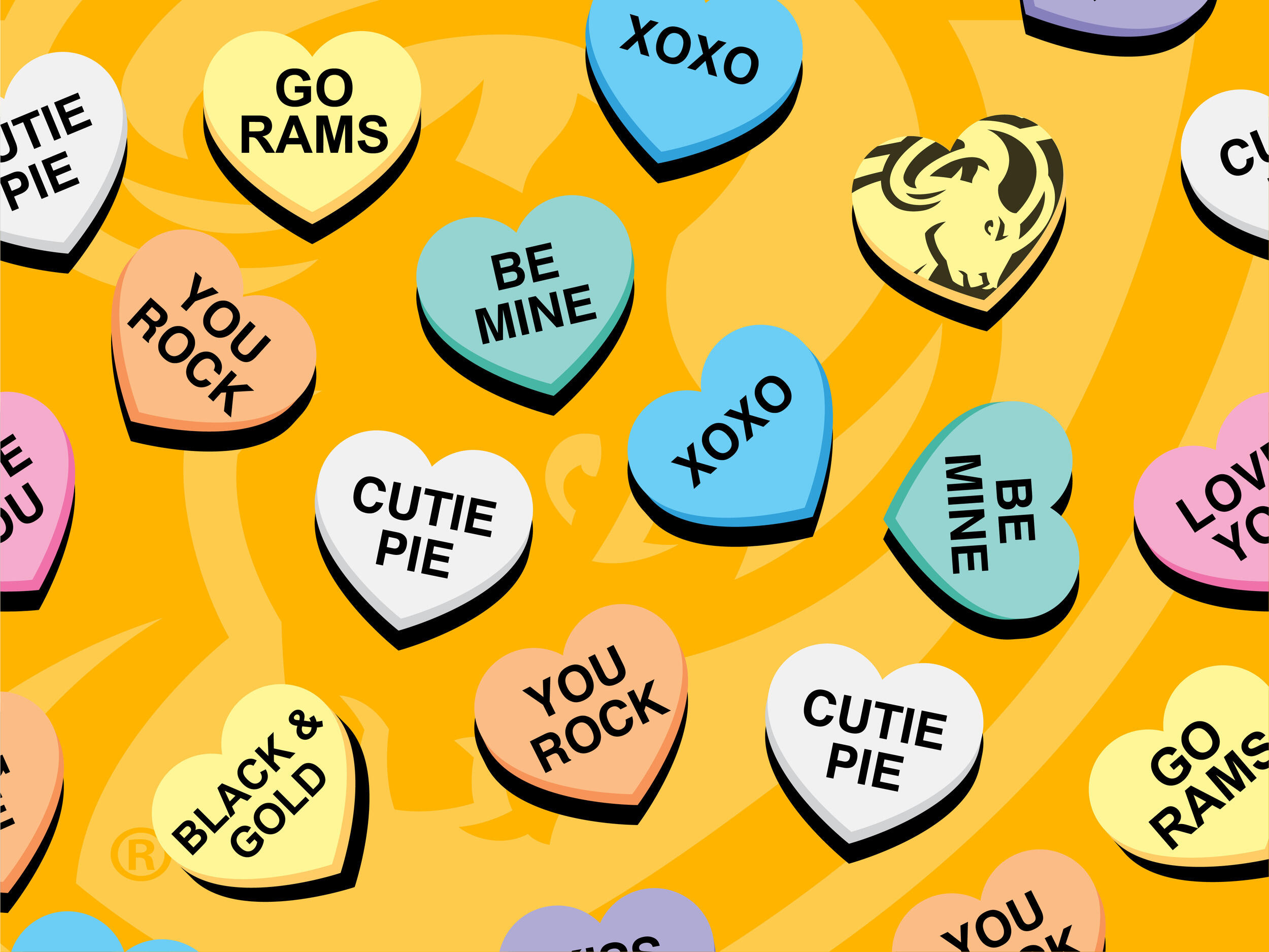 An illustration of multicolored conversation hearts with the phrases \"be mine\" \"cutie pie,\" \"you rock,\" \"Black & gold,\" \"XOXO\" and an image of a ram on them. 