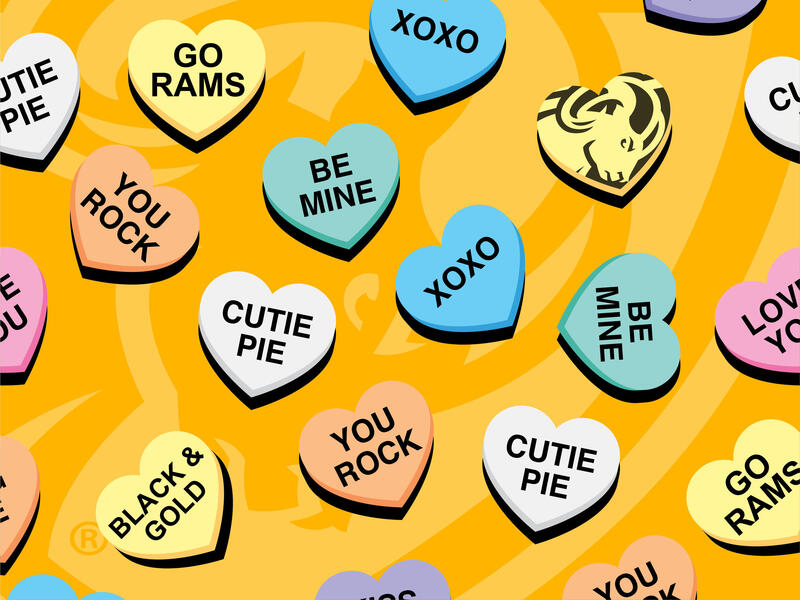 An illustration of multicolored conversation hearts with the phrases \"be mine\" \"cutie pie,\" \"you rock,\" \"Black & gold,\" \"XOXO\" and an image of a ram on them. 