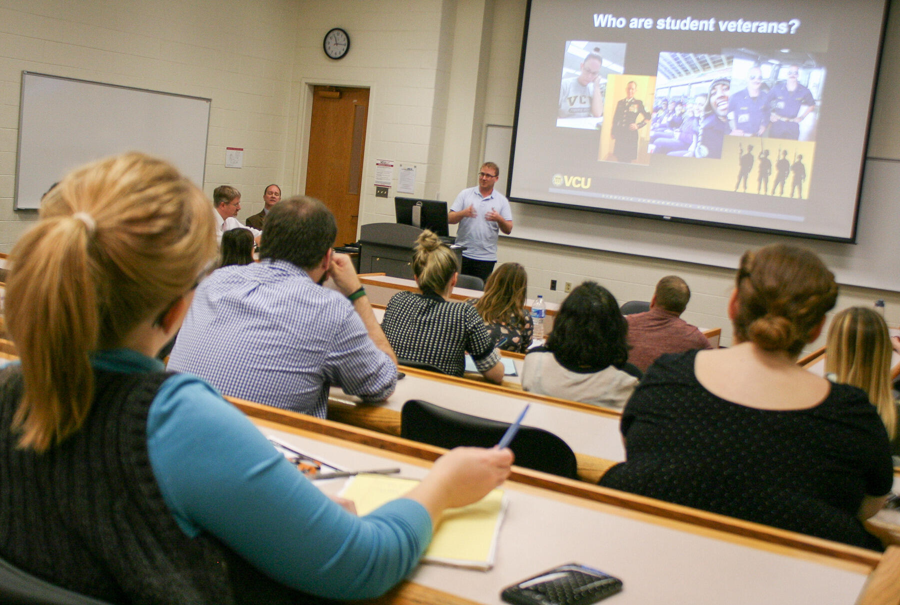 Lucien Friel, a student and Marine Corps veteran, presents during the Green Zone training.