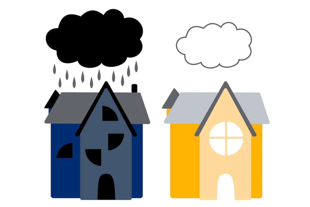 A drawing of two houses. The house on the left is colored in dark blues and greys and a dark cloud rains on top of it. The house on the right is colored in bright yellow and a white cloud floats above it.