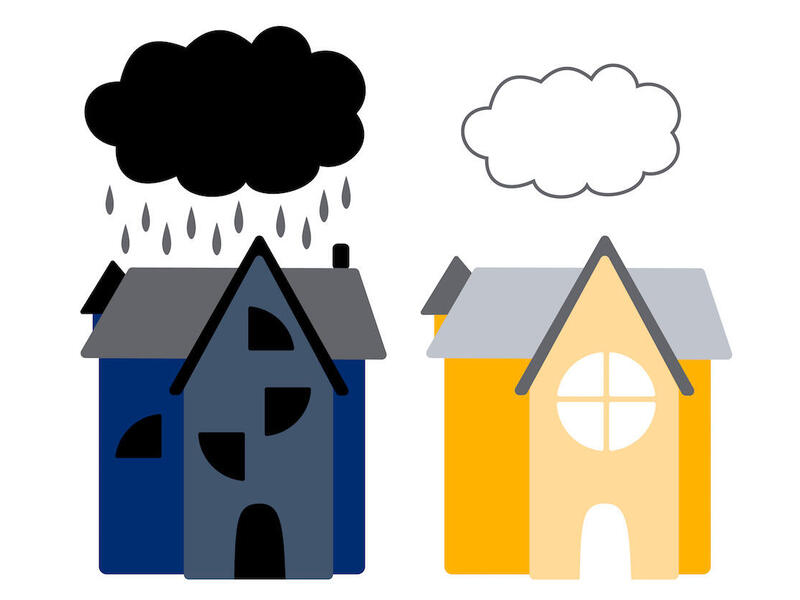 A drawing of two houses. The house on the left is colored in dark blues and greys and a dark cloud rains on top of it. The house on the right is colored in bright yellow and a white cloud floats above it.