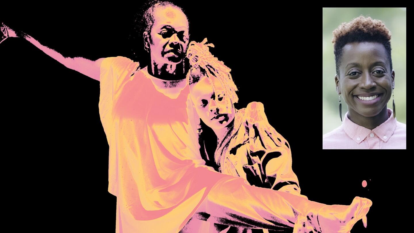 A man and women dancing next to a portrait of a woman smiling 