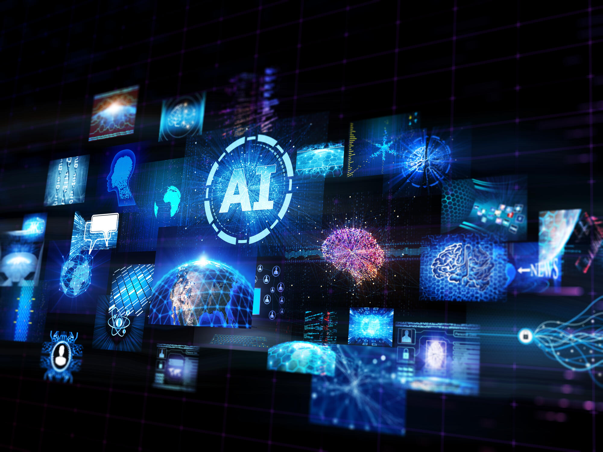 An illustration of a brain in a dark space. In front of the rain are several glowing blue tinted squares and rectangles with images on them. In the center is a glowing ciricle with \"AI\" written. 