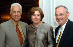 Richmond Mayor L. Douglas Wilder (left) and VCU President Dr. Eugene P. Trani convey personal congratulations to Eva S. Hardy, after she is recognized for years of public service. Hardy (center) once served on the VCU Board of Visitors.

Photo by Allen T. Jones, VCU Creative Services
