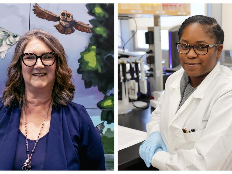 Two photos of woman side by side. 