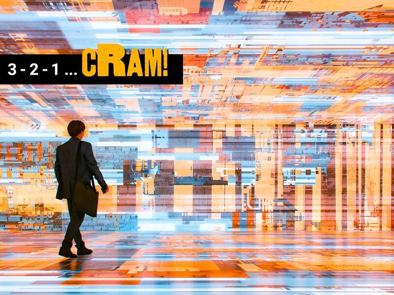 An illustration of a man wearing a suit walking through a background made of abstrat blue, orange, and brown rectangles and lines. A black rectangle in the corner says \"3-2-1 ...\" in white text and \"cRAM!\" in yellow text. 