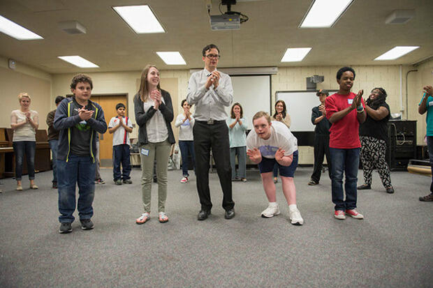 VCU music student Meredith Haynie (second from left) participates in a class activity. <br>
Photo by Doug Buerlein