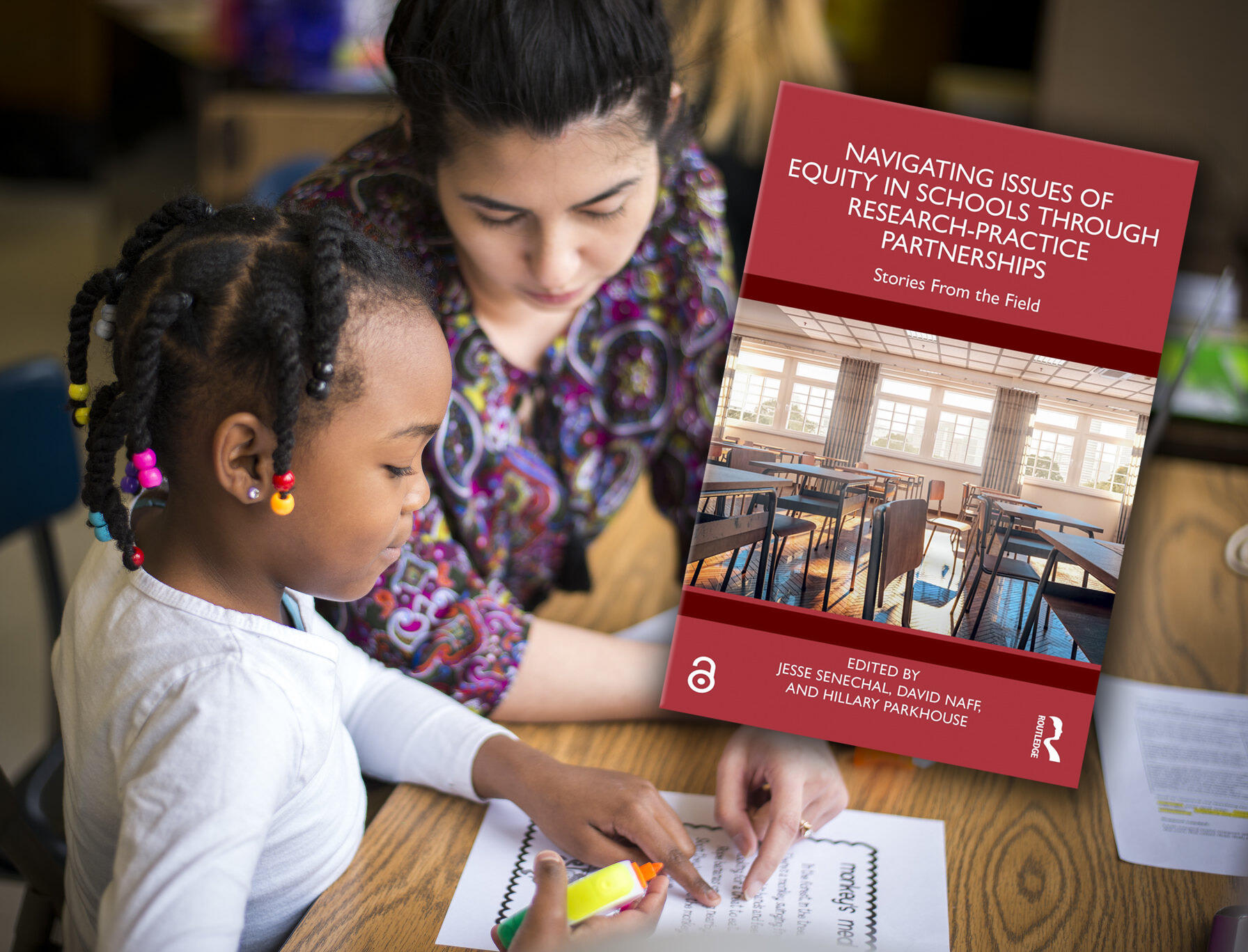 A teacher works with a student at a desk. Both point at a piece of paper. A book cover is inserted into the image.