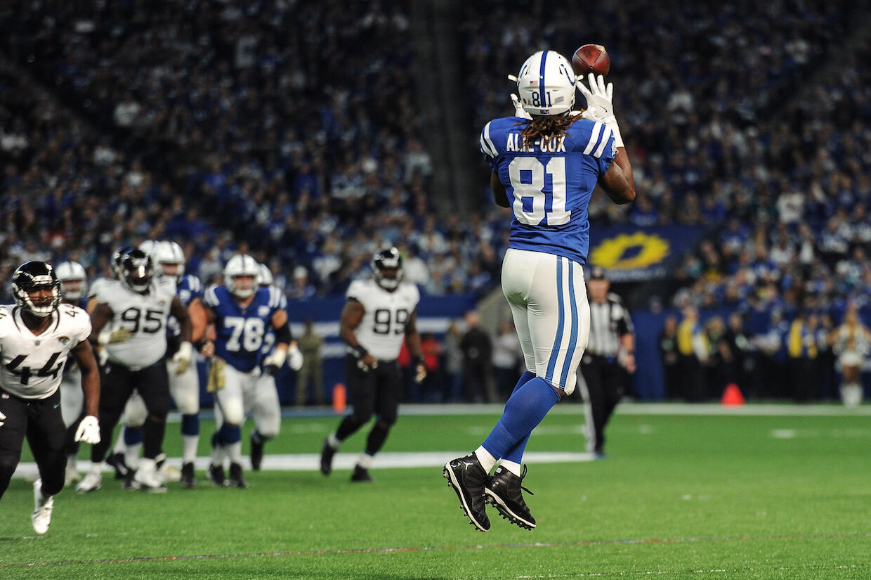 Mo Alie-Cox, shown here catching a pass against the Jacksonville Jaguars