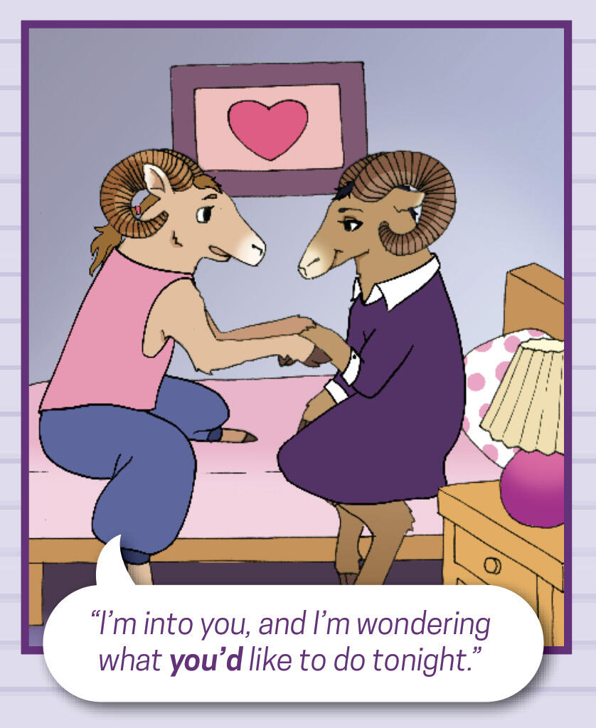 An illustration of two rams sitting on a bed with a picture of a heart in a frame behind them. One ram is saying to the other \"I'm into you, and I'm wondering what you'd like to do tonight.\"