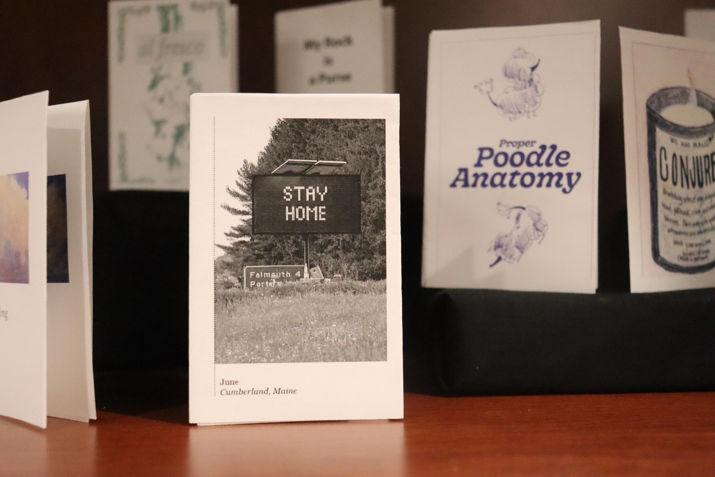 Two zines sitting on a table and four more on a black wall in the background. A zine in the middle has a black and white picture of a road sign that says \"S T A Y H O M E\"