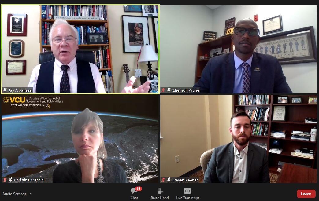 Screenshot showing quad of four panelists during the virtual 2021 Wilder Symposium. 