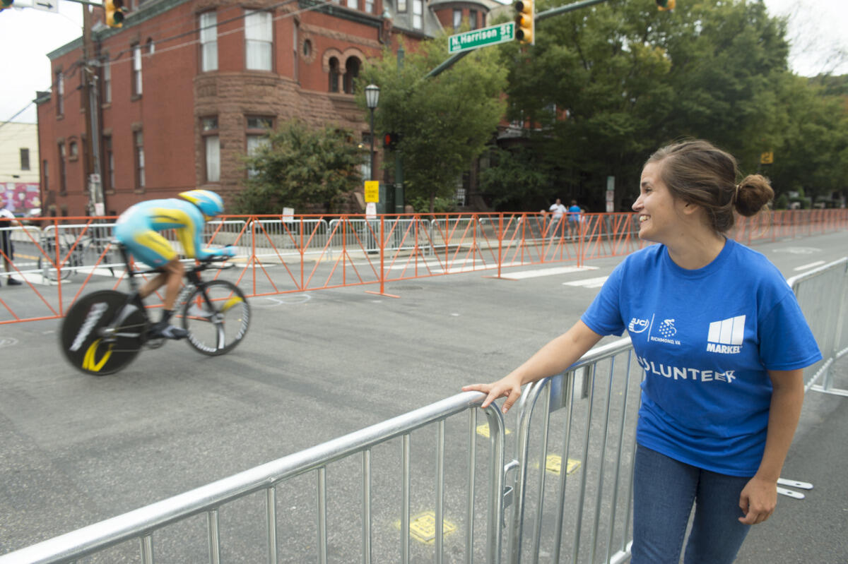 Kelsey Steenburgh, who works in the School of World Studies, volunteered with the bike race on Monday.